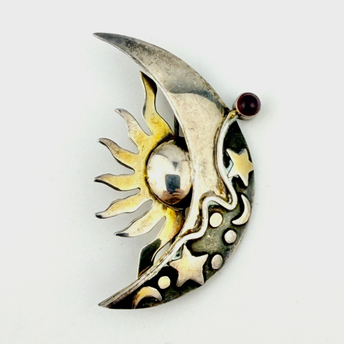Sterling with Gold Wash Pin - Sun, Quart Moon & Stars with Garnet