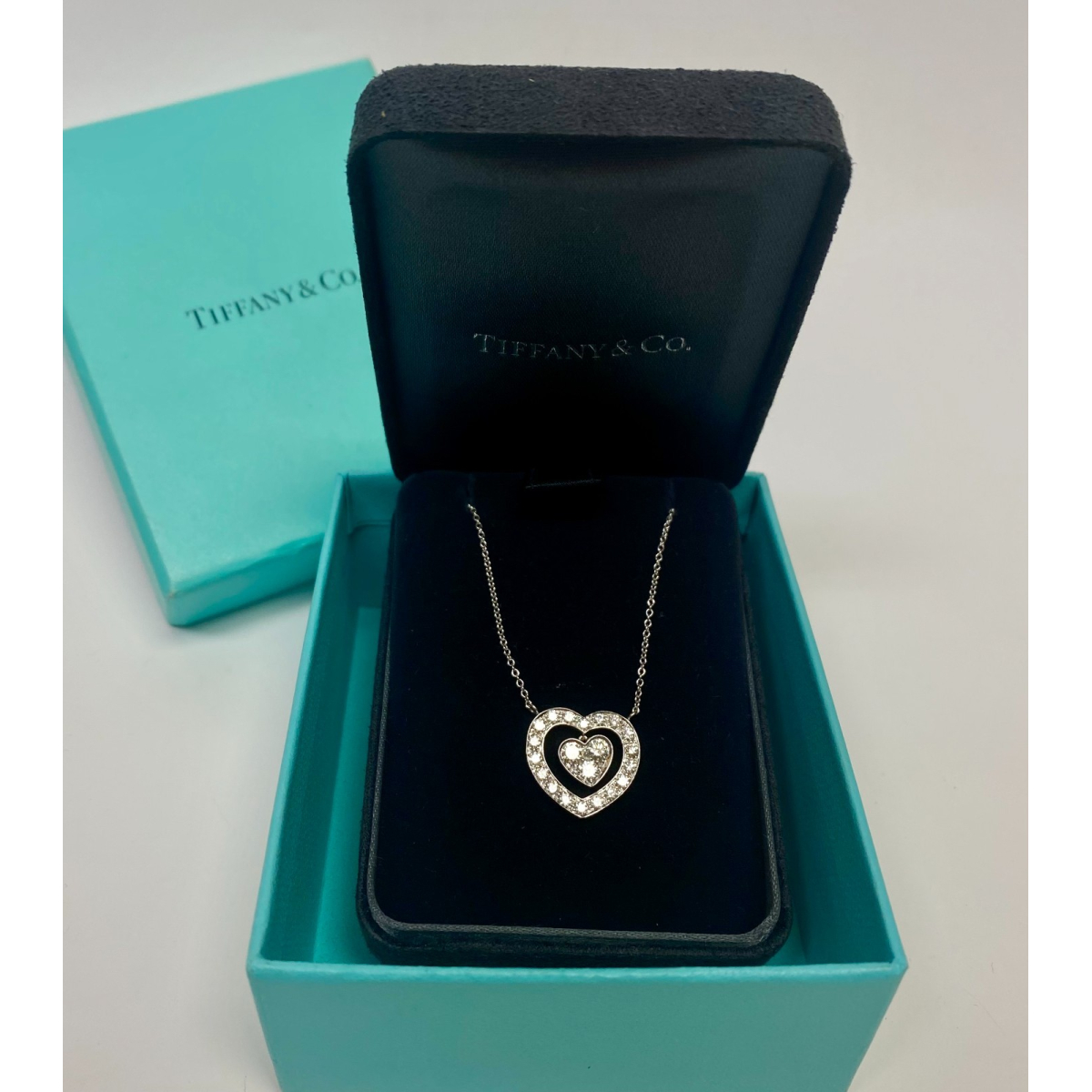 Tiffany & Co. Platinum Diamond Dangle Heart Pendant Necklace .67 CTW 16&quo