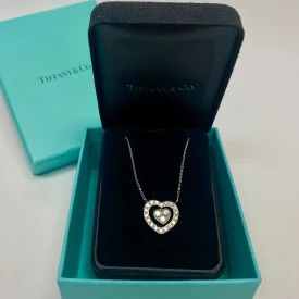 Tiffany & Co. Platinum Diamond Dangle Heart Pendant Necklace .67 CTW 16&quo