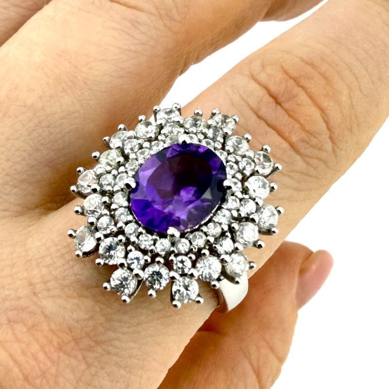 Vintage Style 925 China Oval Purple Amethyst & Cz  Ring Sz 8