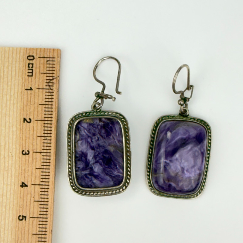 Vintage Rectangular Purple Charoite Dangle Hook Earrings Silver