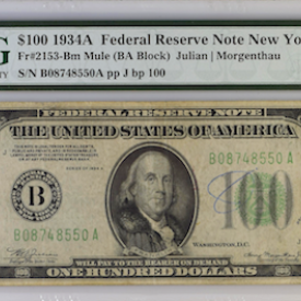 1934 A  PMG FRN NEW-YORK FR# 2153- Bm Mule ( BA BLOCK ) JULIAN / MORGENTHAU  