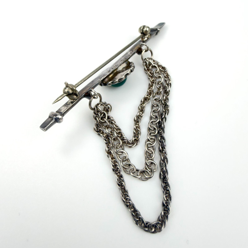 Rare Vintage Sue Susan Drabkin Sterling Silver Brooch with Chains and Green Jade