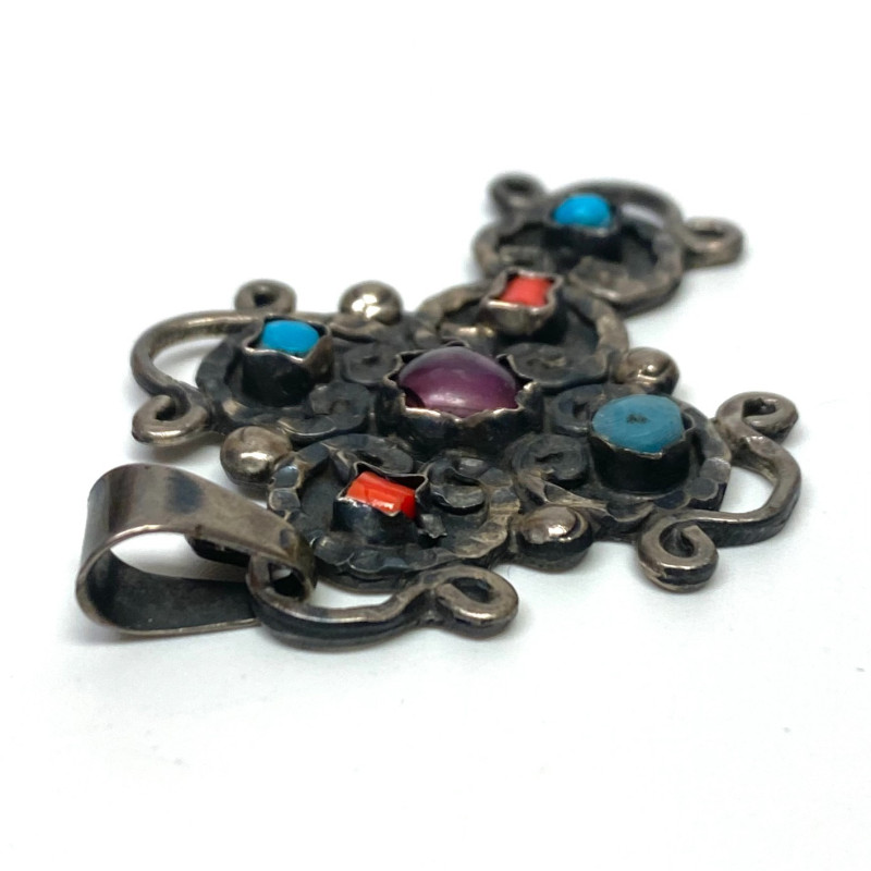Mexico 825 Silver Amethyst Coral & Turquoise Pendant