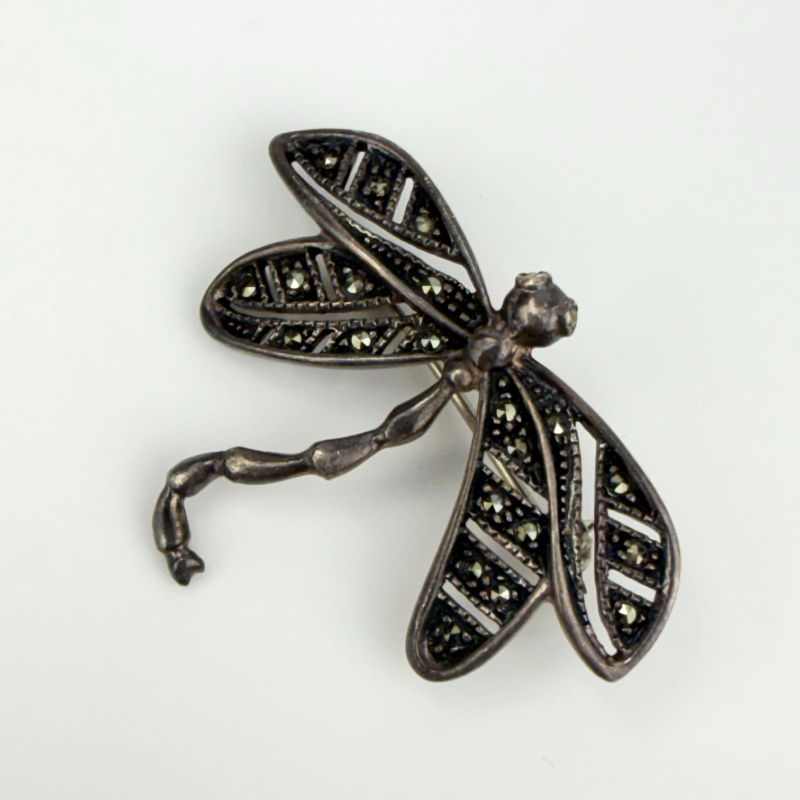 Vintage Sterling Silver Dragonfly Brooch Pin Marcasite 1940's
