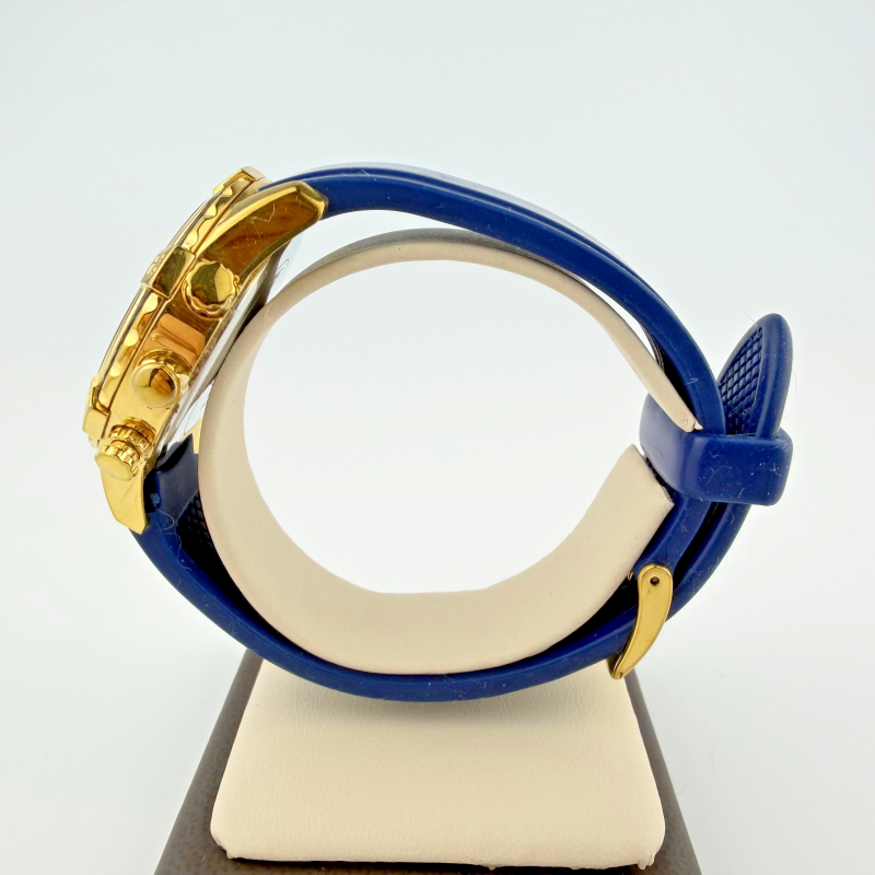 Guess Chronograph Gold Tone Watch Blue Silicone Strap Black Dial