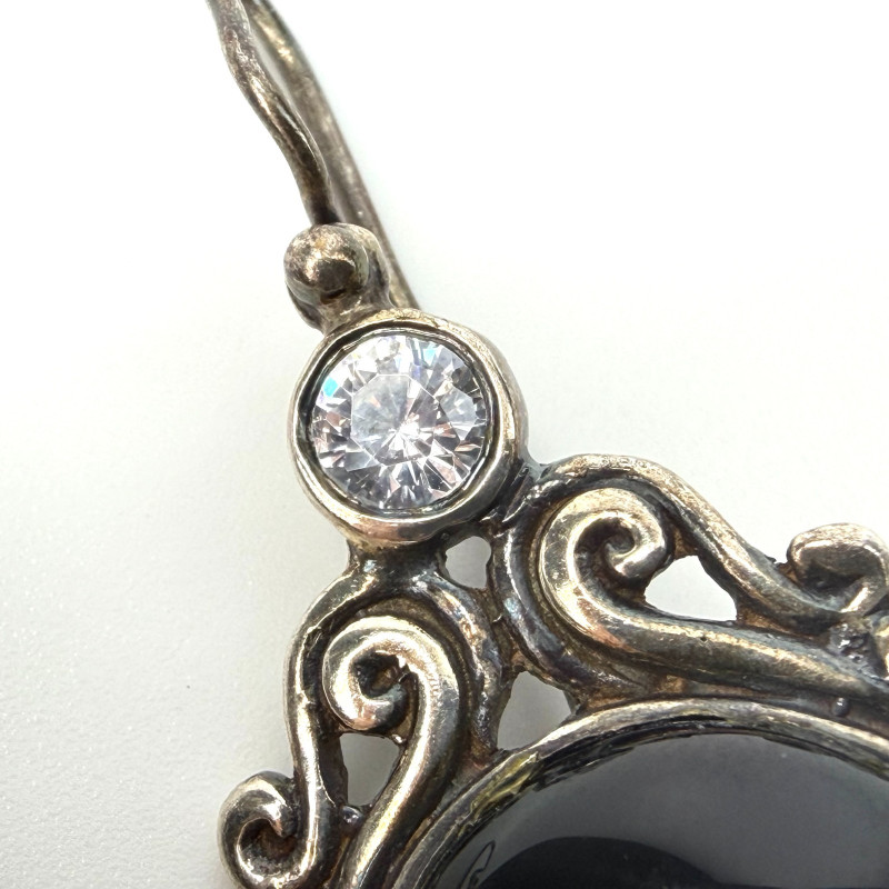 Vintage 925 Sterling Silver - Black Onyx Round Dangle Earrings