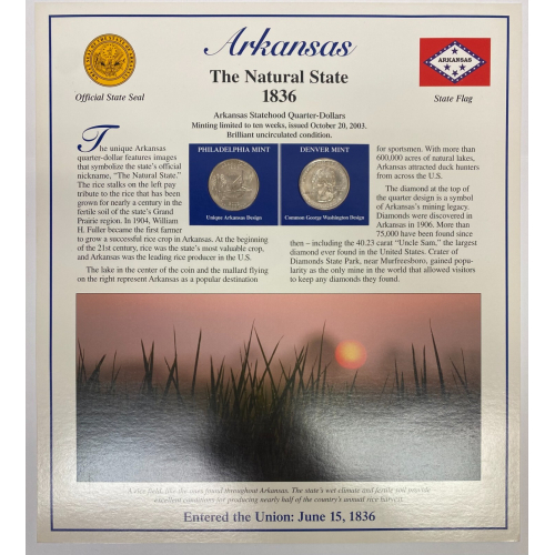 2003 Arkansas State Quarter P&D Postal Society Stamped Commemorative Page