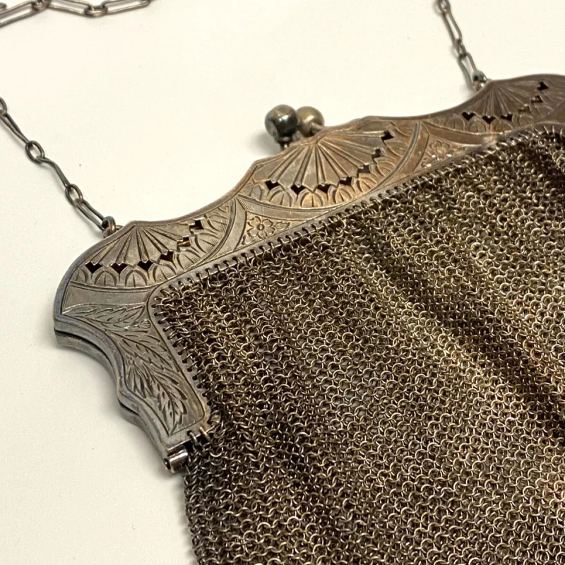 Antique Sterling Silver Mesh Purse - Ruby A Rossback 1909 Engraving