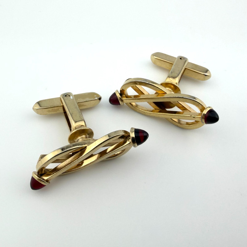 Vintage Golden Hickok Cufflinks USA Deco Style With Ruby Color Stones