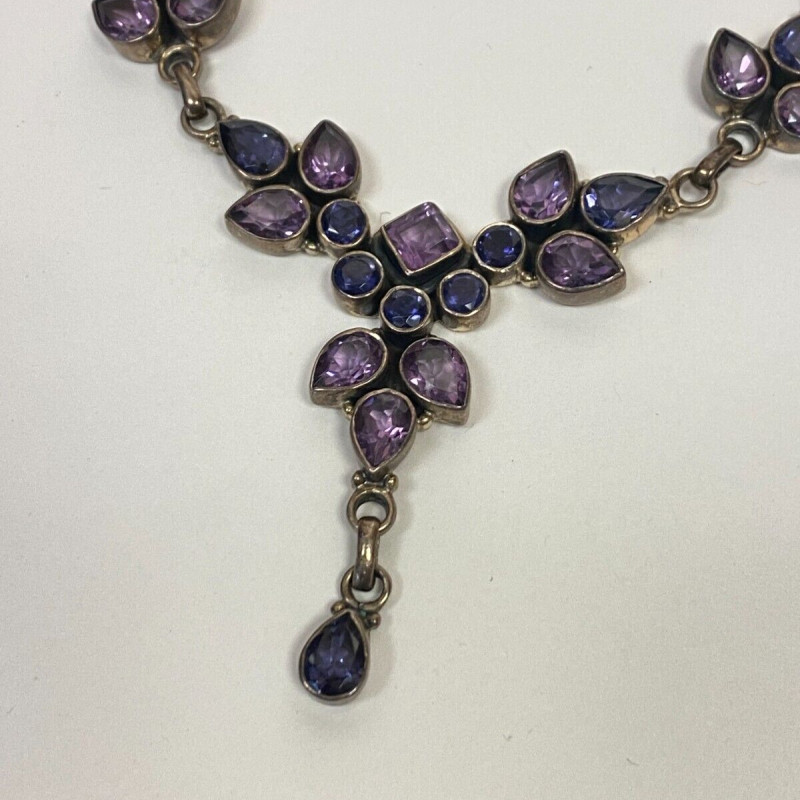 925 Sterling Silver Amethyst and Sapphires Drop Necklace - India 925 Sterling Silver Amethyst and Sapphires Drop Necklace - India