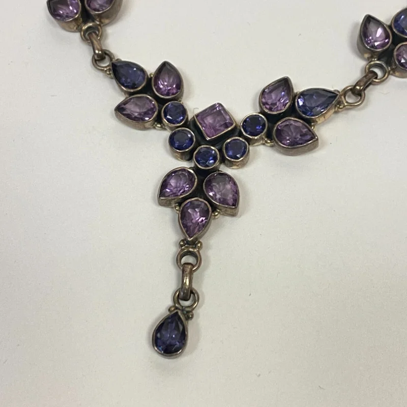 925 Sterling Silver Amethyst and Sapphires Drop Necklace - India