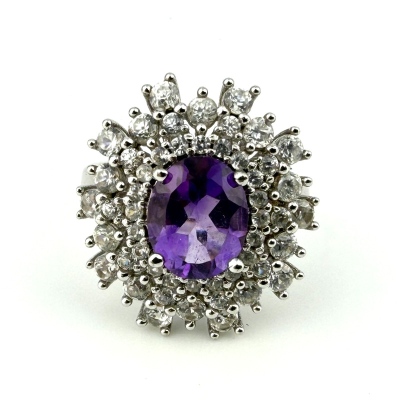 Vintage Style 925 China Oval Purple Amethyst & Cz  Ring Sz 8