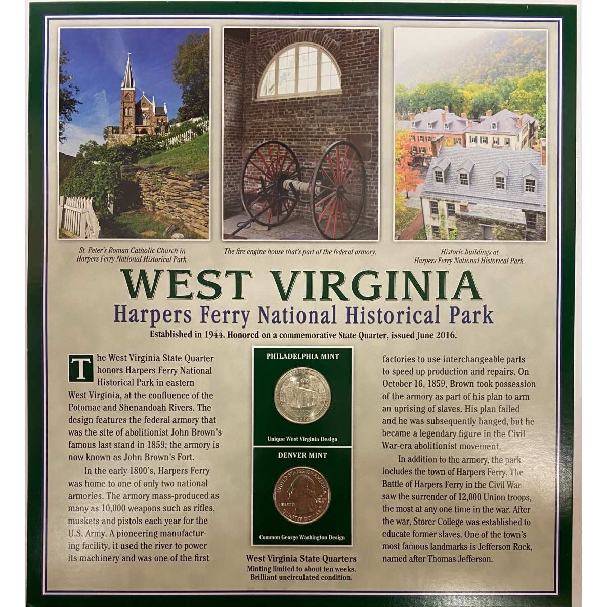 2016 P + D W. Virginia Harpers Ferry Quarters + 2 Stamps Placard w/Protector PCS