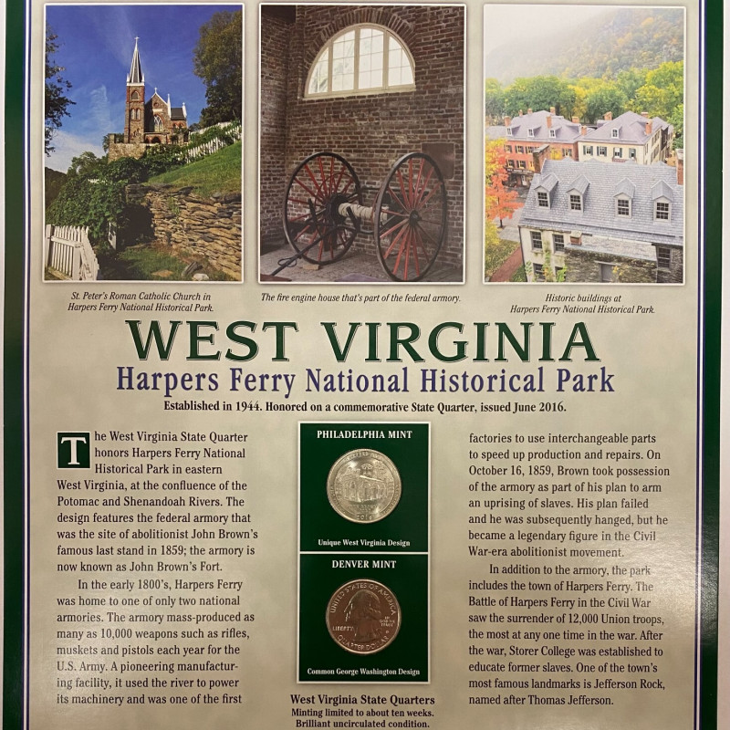 2016 P + D W. Virginia Harpers Ferry Quarters + 2 Stamps Placard w/Protector PCS