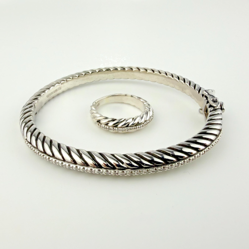 Vintage Coqui el Original Cable Cuff Bracelet & Ring Set 925 Steel & Diamonds