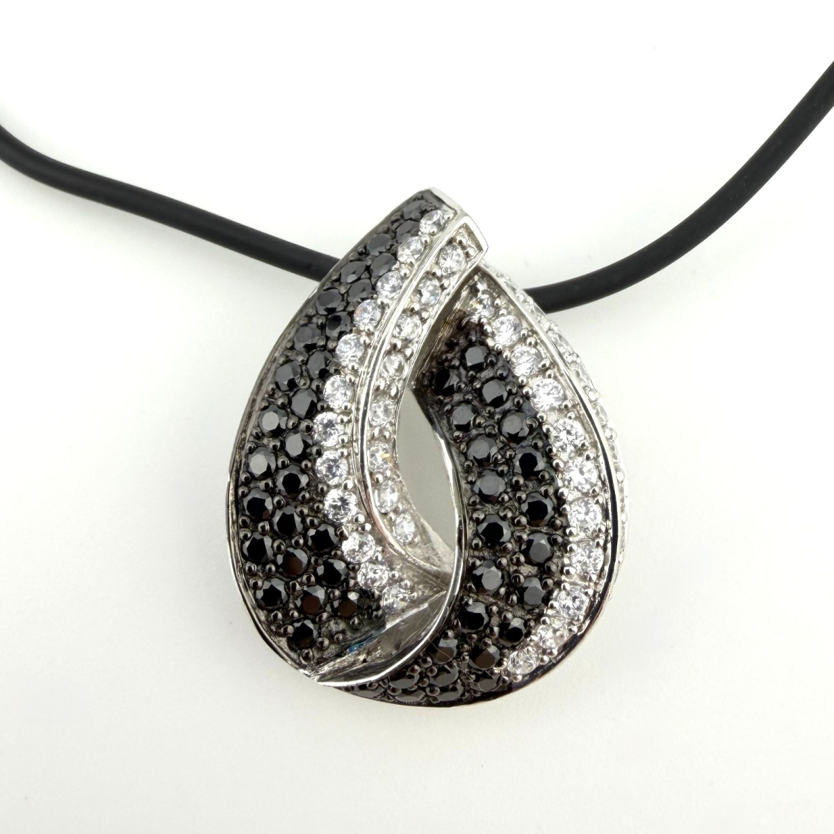 Sterling Silver Two-Tone CZ Teardrop Pendant Necklace on Rubber Cord - Unbranded