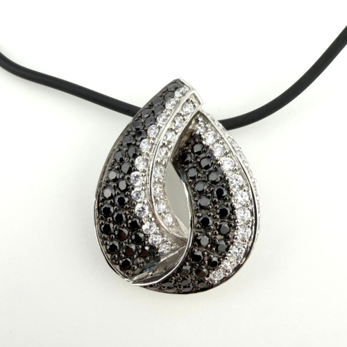 Sterling Silver Two-Tone CZ Teardrop Pendant Necklace on Rubber Cord Sterling Silver Two-Tone CZ Teardrop Pendant Necklace on Rubber Cord