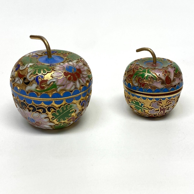 Vintage Covered Apple Shape Cloisonné Trinket Boxes Blue w Aqua Enamel Interior