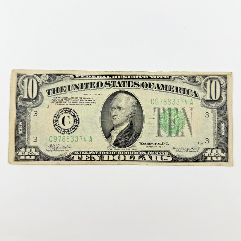 1934-A $10 Green Seal Federal Reserve Note, Serial G97883374A Chicago C