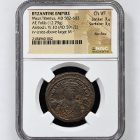 Byzantine Maurice Tiberius AE Follis Antioch 591/2 NGC Ch VF Flan Flaw Byzantine Maurice Tiberius AE Follis Antioch 591/2 NGC Ch VF Flan Flaw