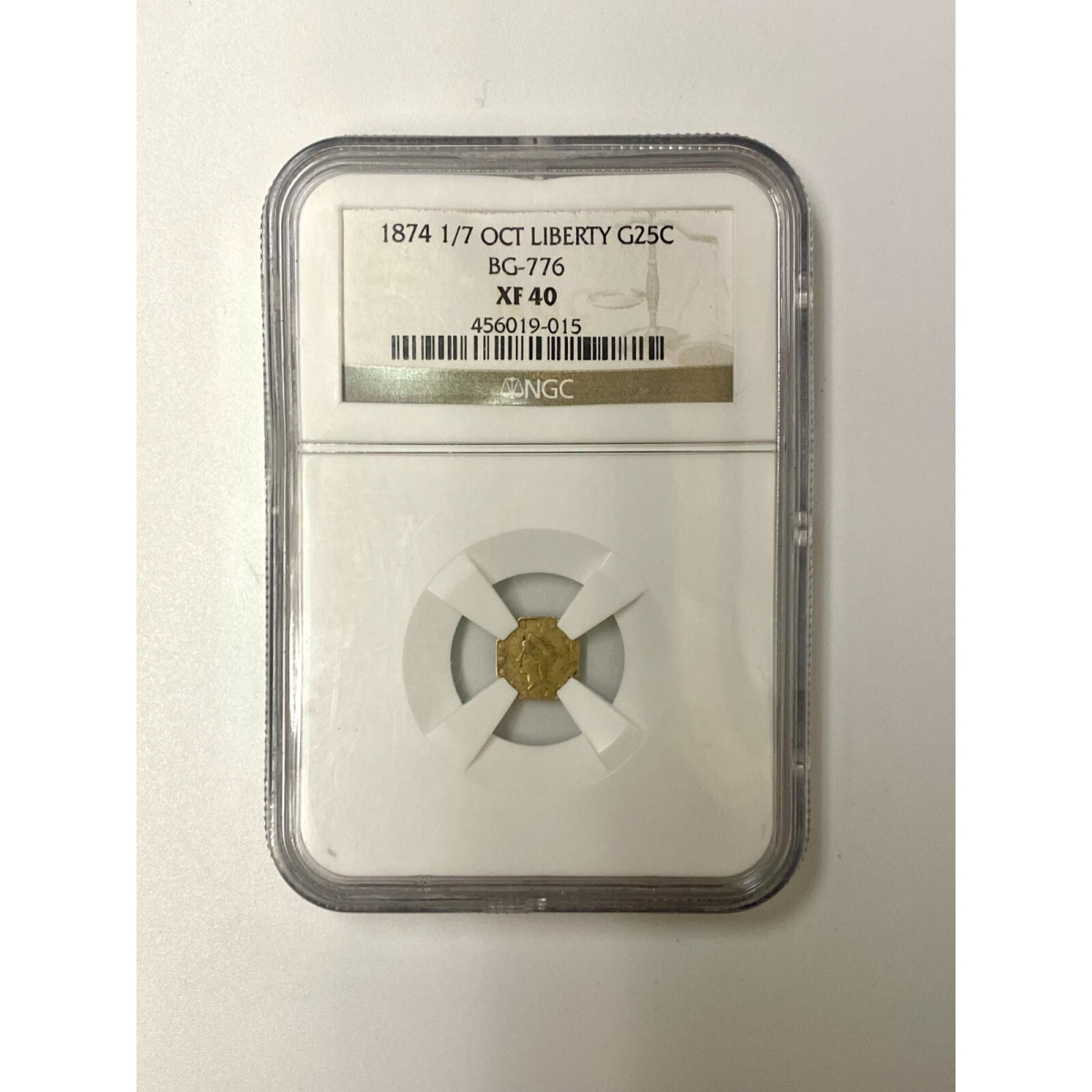 1874 1/7 Gold 25 Cent Octagonal Liberty NGC XF 40, BG-776