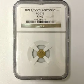 1874 1/7 Gold 25 Cent Octagonal Liberty NGC XF 40, BG-776