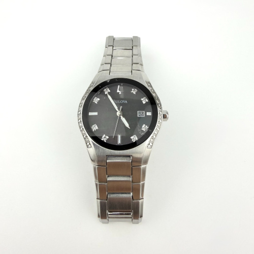 Bulova Diamond Silver Tone Black MOP Date Dial Womens Dress Watch 96R132
