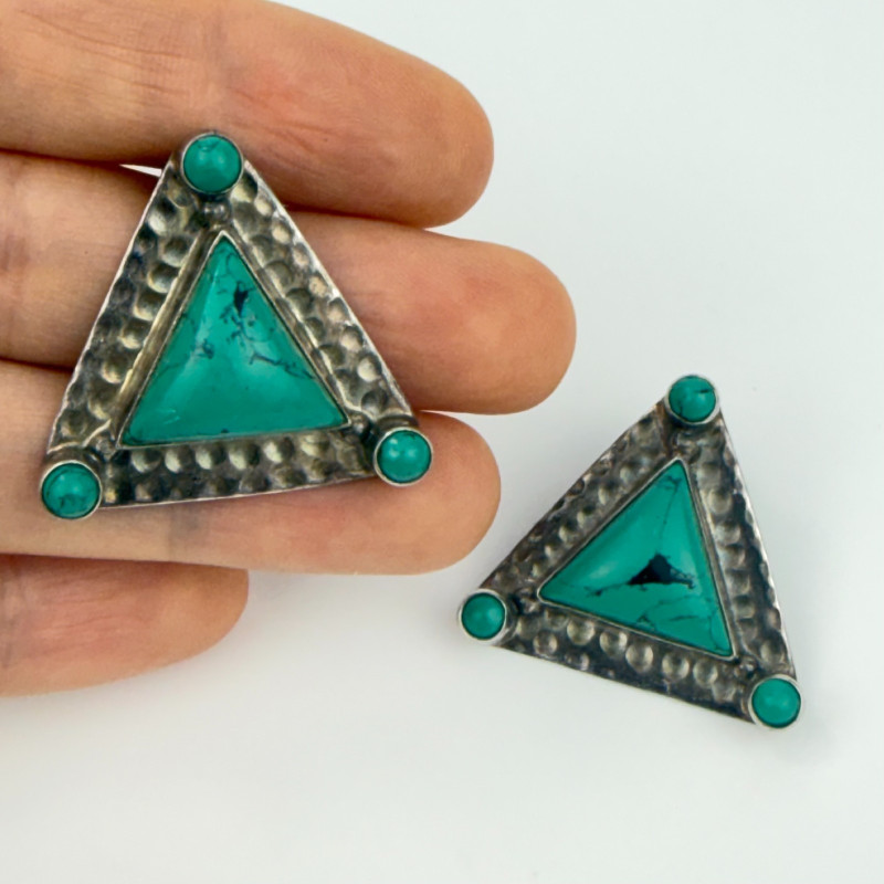 Vintage Dark Teal Turquoise Sterling Silver Triangle Stud Earrings Signed India