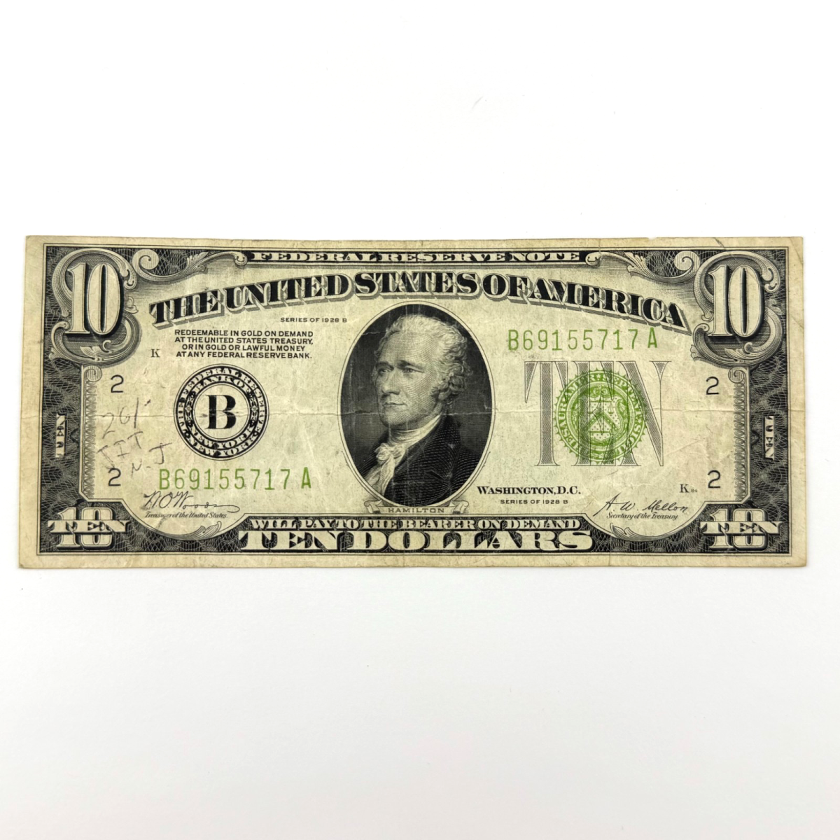 1928-B $10 Federal Reserve Note, Serial B69155717A New York B