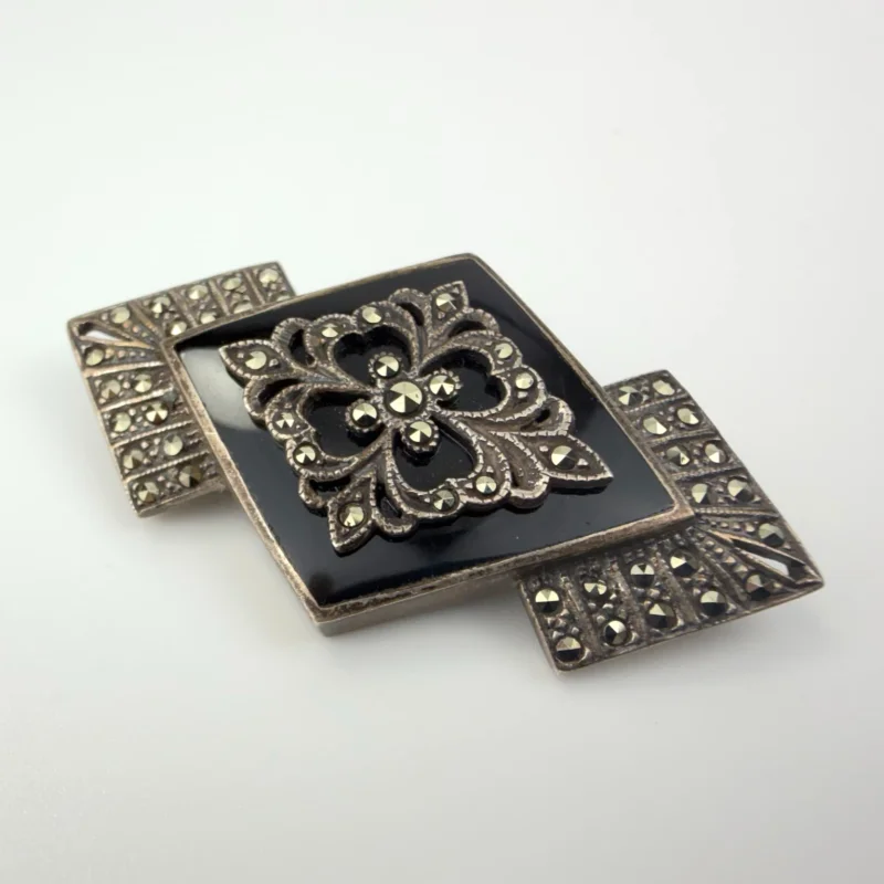 Vintage Geometrical Pin / Brooch with Black Onyx and Marcasite 925 Sterling
