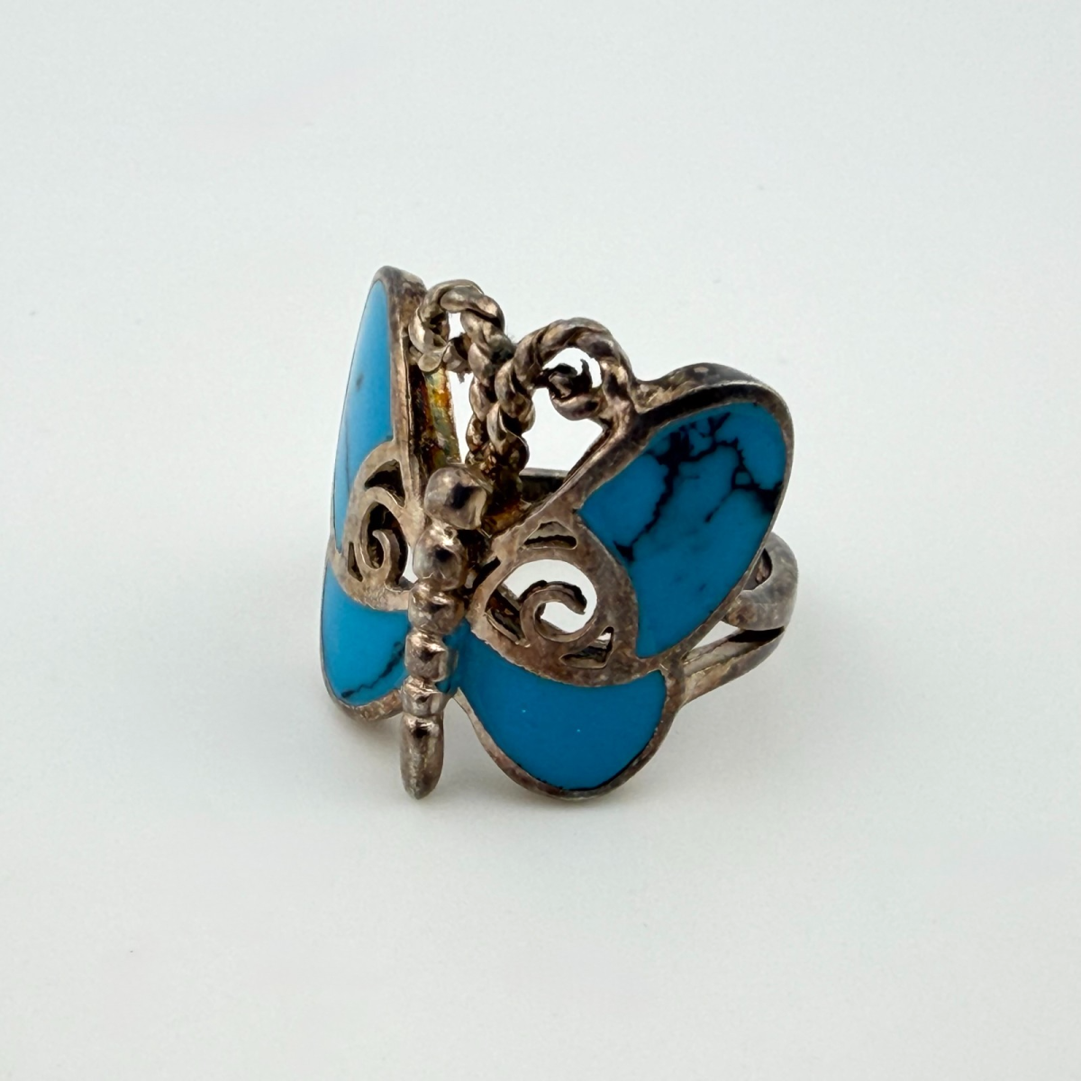 Vintage Southwestern Sterling Silver with Blue Enamel Butterfly Ring Size 7 - Unbranded