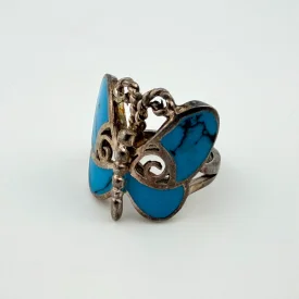 Vintage Southwestern Sterling Silver with Blue Enamel Butterfly Ring Size 7