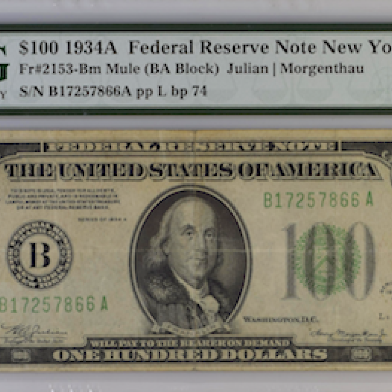 Fr #2153-Bm Mule 1934 A Federal Reserve Note 30 VF NEW YORK  (BA BLOCK ) 