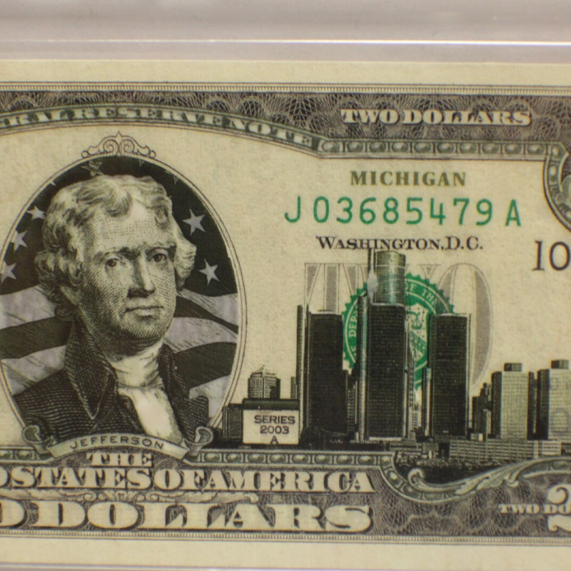 Uncirculated Series 2003A $2 Bill New Jersey Overprint with Clear Case Holder