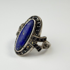 Oval Blue Lapis Lazuli and Marcasite Halo Gemstones Sterling Silver Vintage Ring