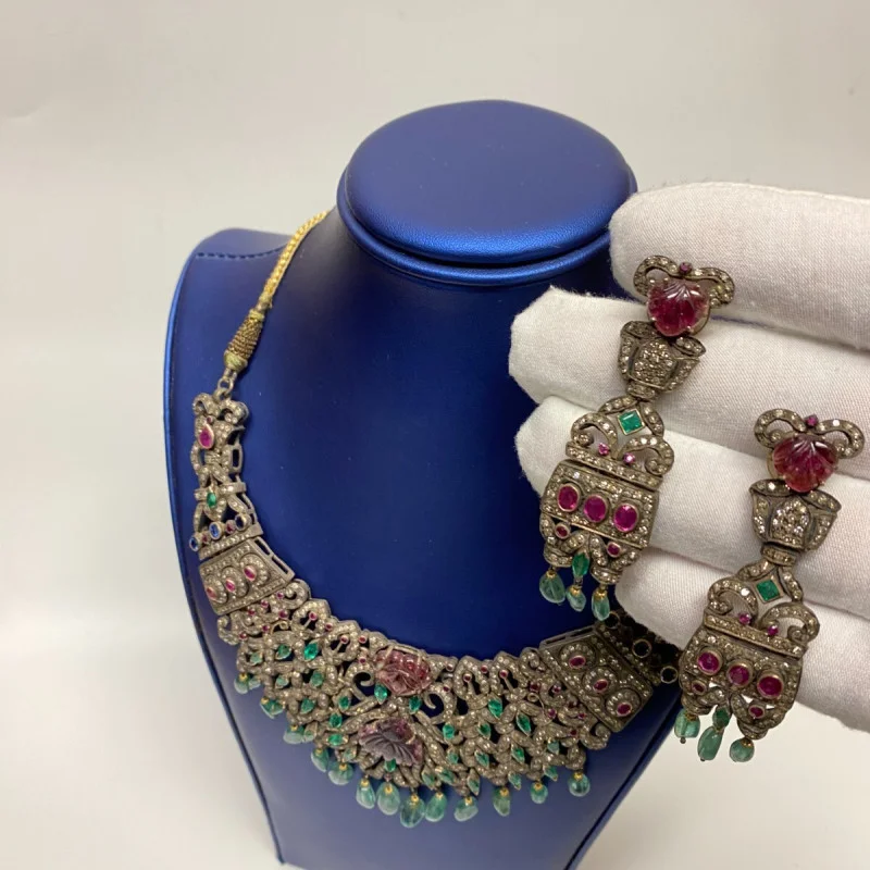 Antique Handmade Necklace and Earrings Diamond Tourmaline Ruby Emerald Sapphire