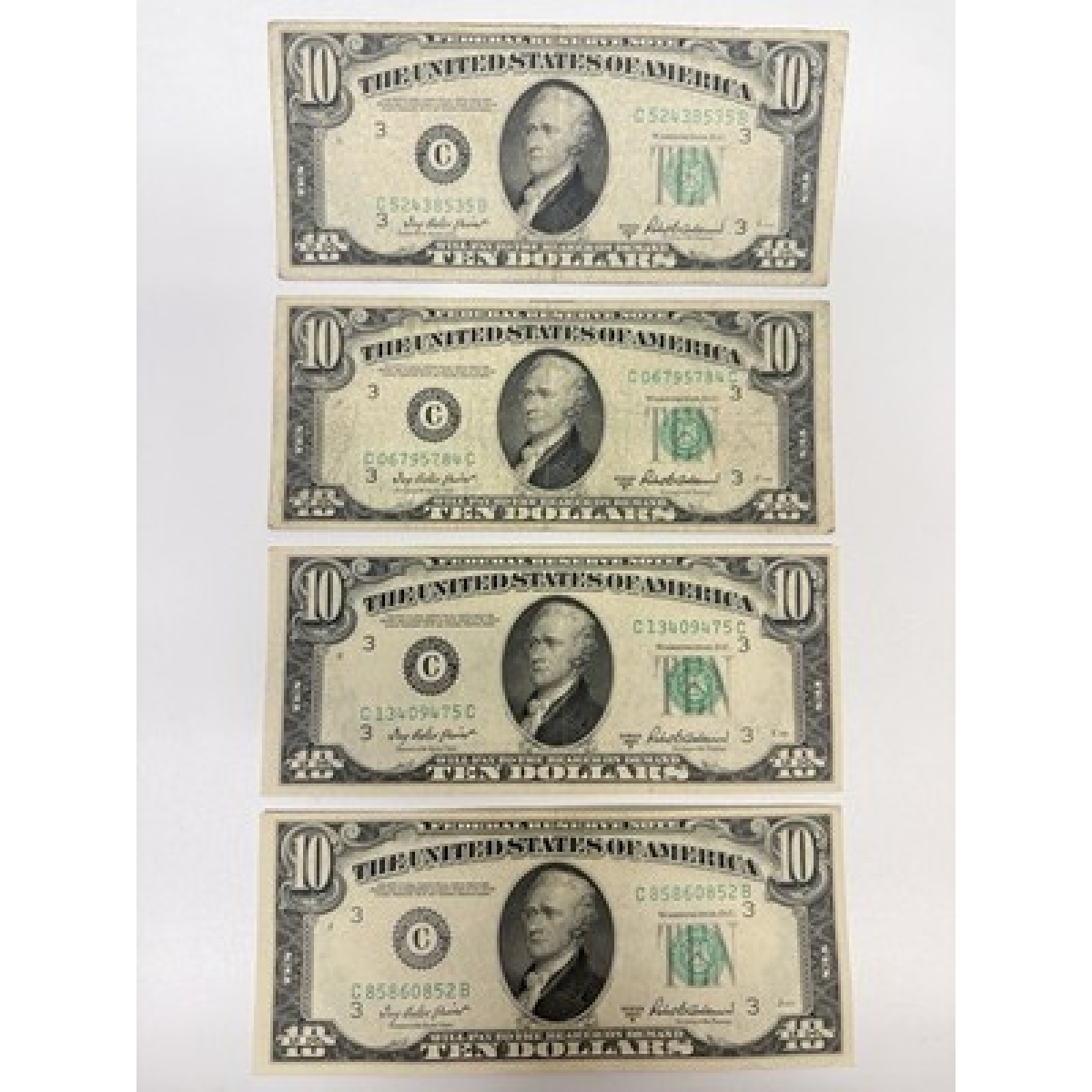 Lot of 4 Series 1950B $10 Federal Reserve Notes New York (C) Old U.S.