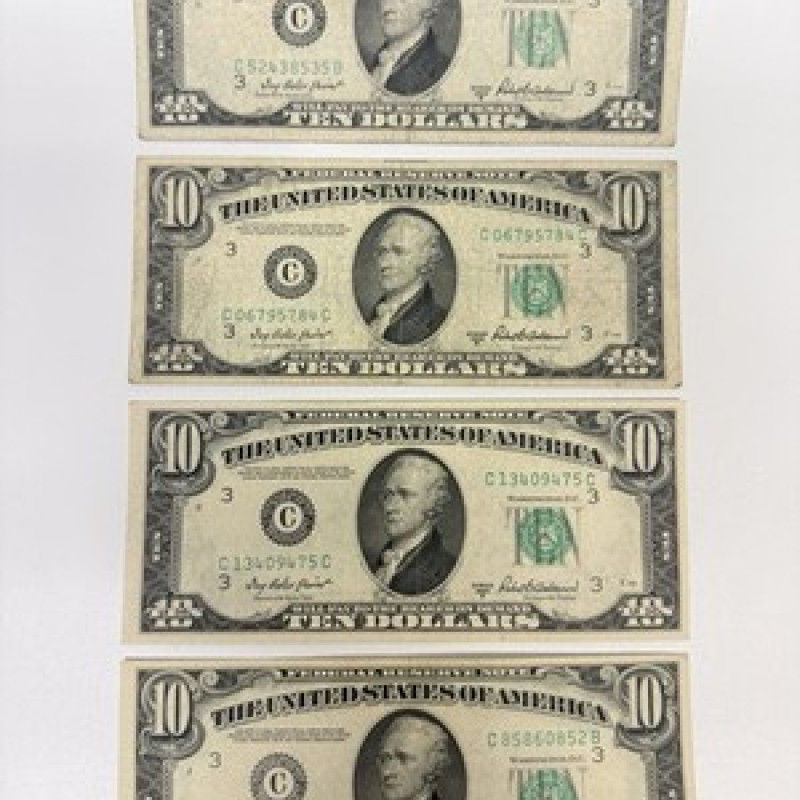 Lot of 4 Series 1950B $10 Federal Reserve Notes New York (C) Old U.S.