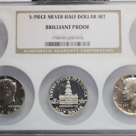 5- PIECE SILVER HALF DOLLAR SET BRILLANT PROOF 2 COINS ROTATED 