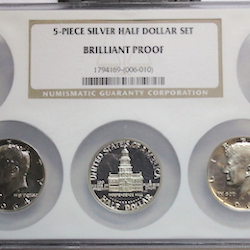 5- PIECE SILVER HALF DOLLAR SET BRILLANT PROOF 2 COINS ROTATED 