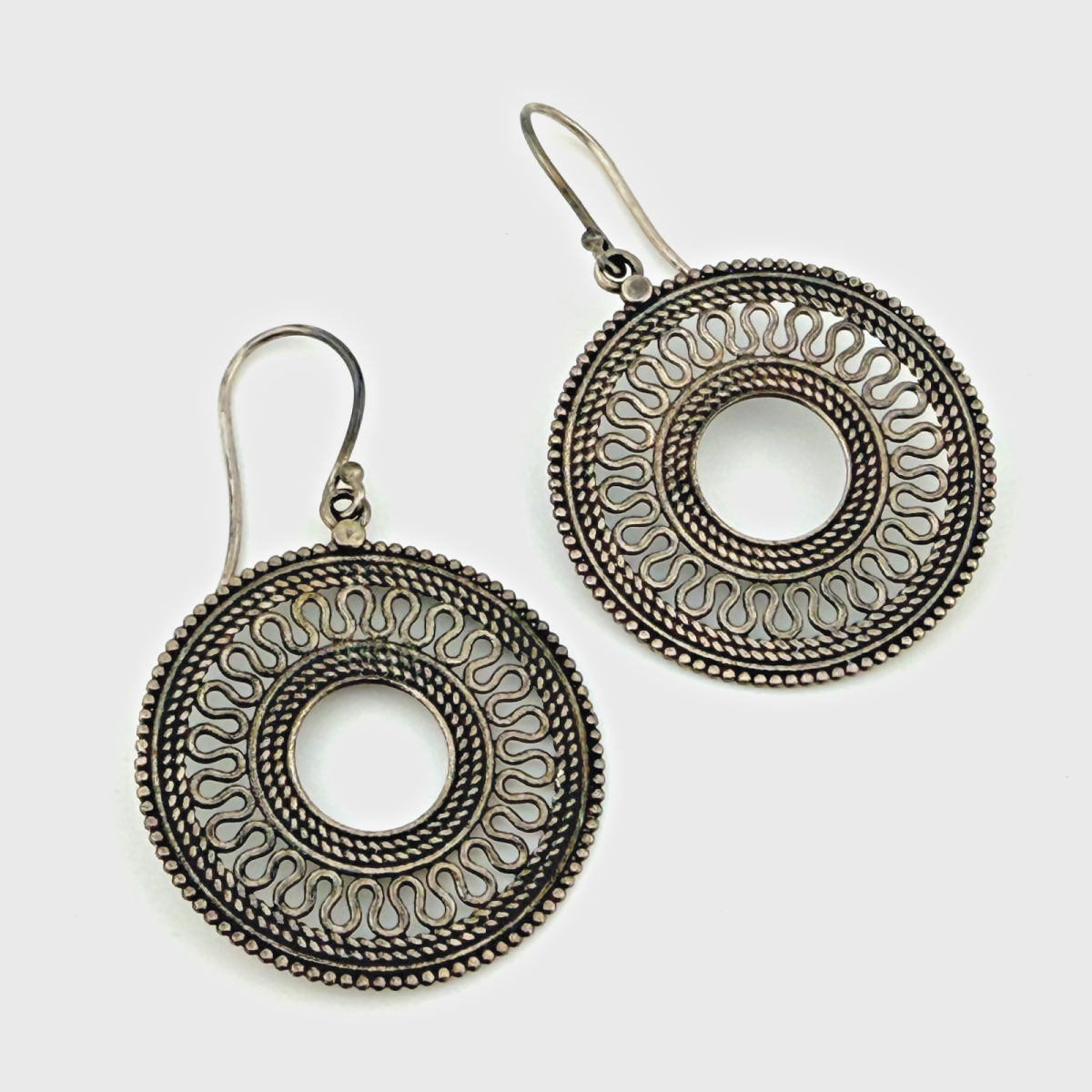 925 Sterling Silver PTI India Dangle Earrings Open-Circle Mandala Style - PTI