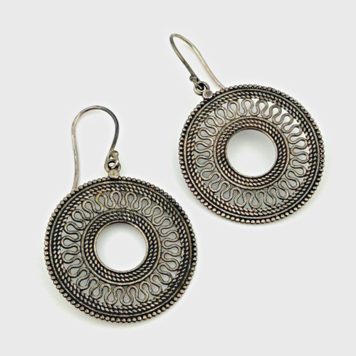 925 Sterling Silver PTI India Dangle Earrings Open-Circle Mandala Style