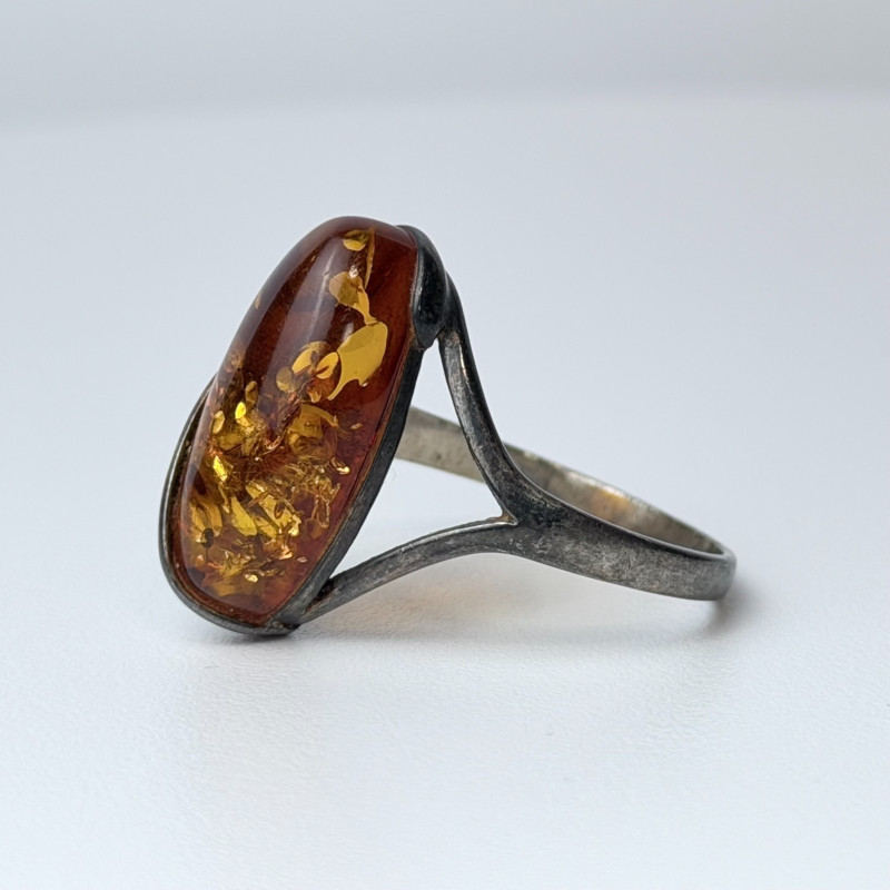 Elegant Antique French Art Nouveau Sterling Silver w Amber stone, sz 9.0