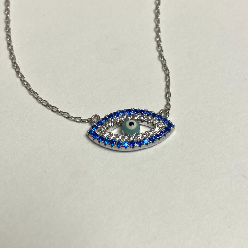 Silver 925 and White and Blue Sapphire Celestial Protector Eye Chain Pendant 18"