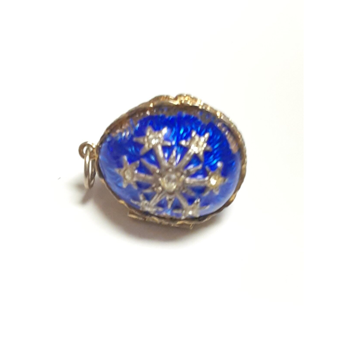 Small Antique Sterling Silver Enamel Egg Pendant (BLUE WITH STARS )