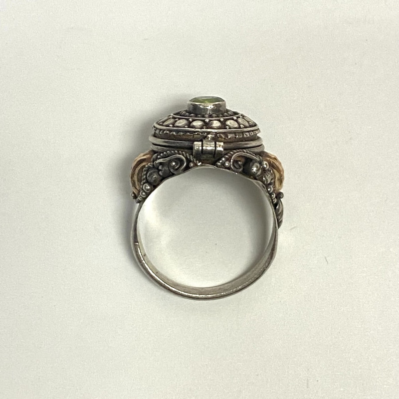OLD VICTORIAN STYLE STERLING SILVER and 14k, GREEN PERIDOT POISON RING Size 6.7
