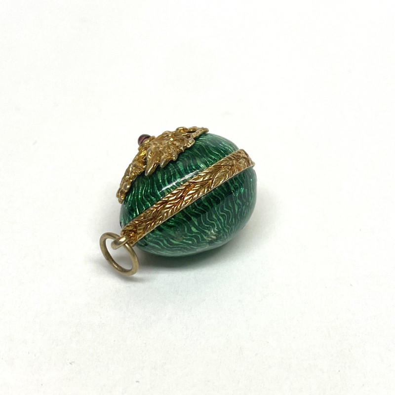 Antique Sterling Silver Enamel Egg shape green with gold designs