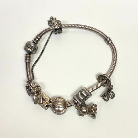 Pandora Solid Sterling Silver Multi-Charm Snake Bracelet 7 in, Box