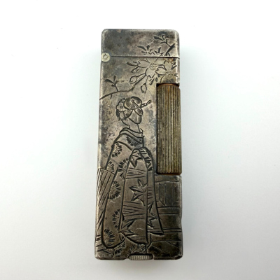 Vintage Sterling Silver Japanese Lighter Taiyo Geisha Kimono Engraved Flip-Top Vintage Sterling Silver Japanese Lighter Taiyo Geisha Kimono Engraved Flip-Top